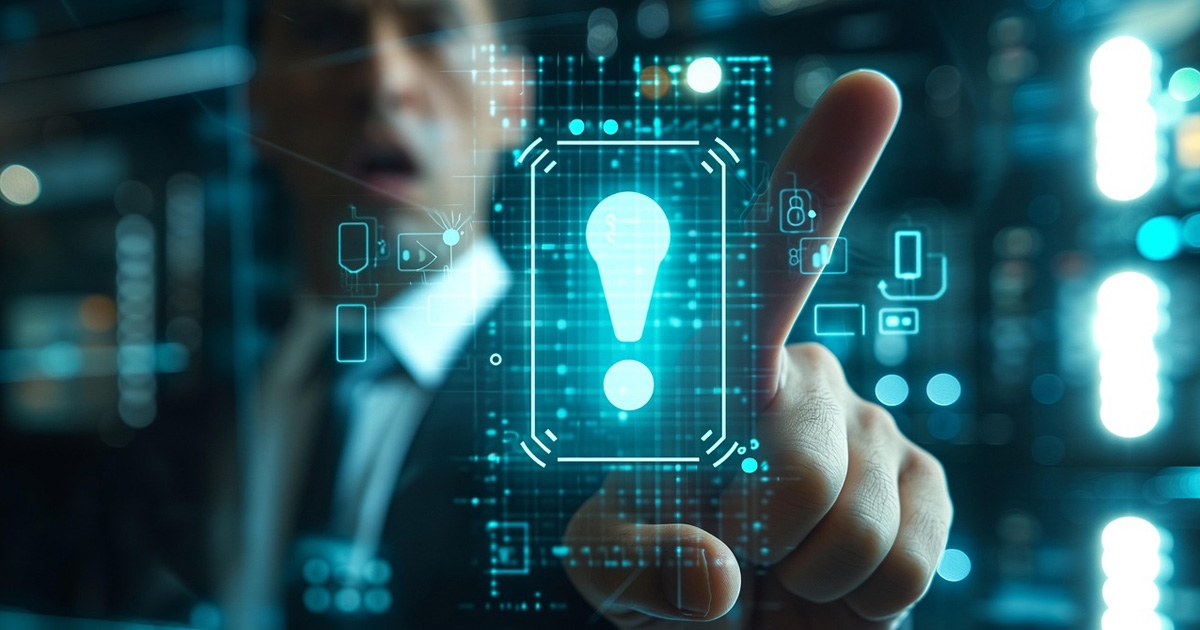 !マークとスーツの男性