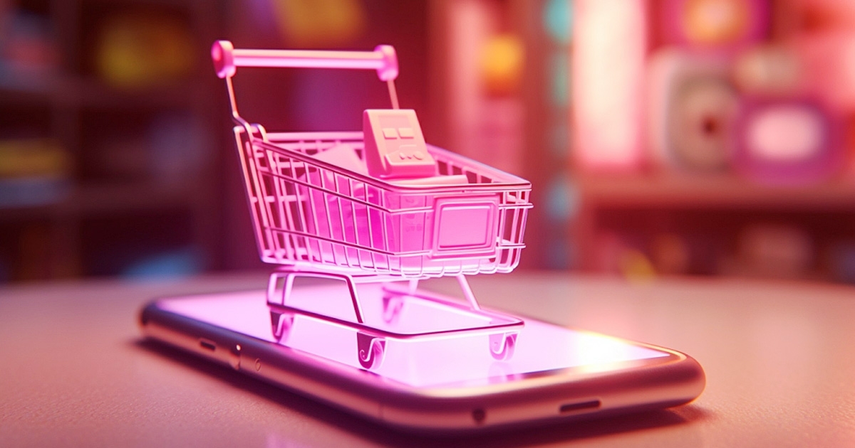 ショッピングカートの模型とスマートフォン